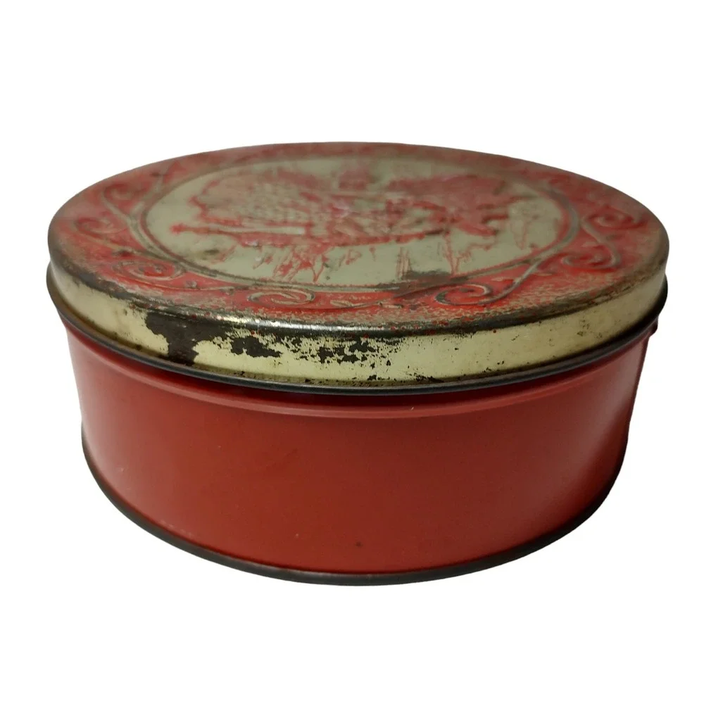 Vintage Embossed‎ Tin Sweets Romantic Couple Red Gold Round Seven Inch Tin SEE